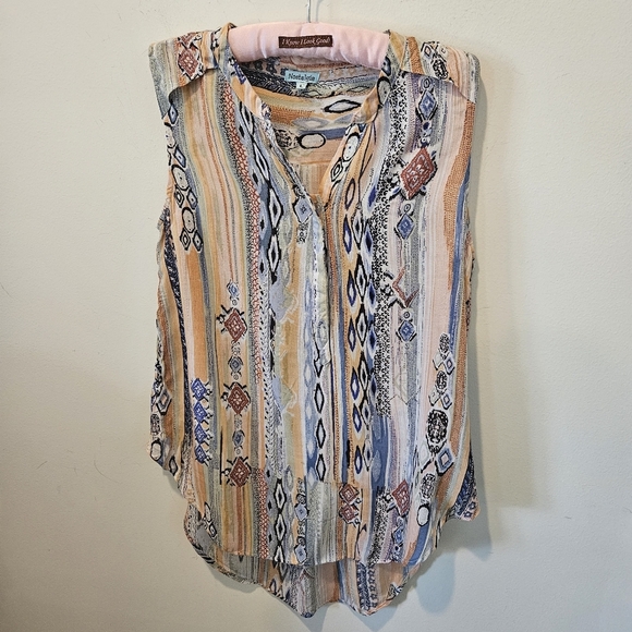 Nostalgia Women's Vintage 90s Multicolor Boho High-Low Sleeveless Blouse, Large - Picture 3 of 11